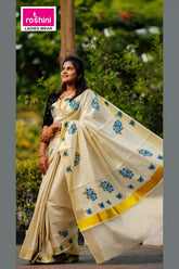kerala-traditional-saree-online-blue-flower-print